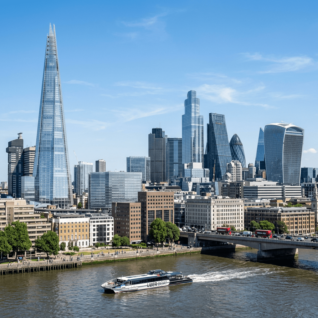 Catamaran riverboat on the Thames with London city skyscrapers and bridge
